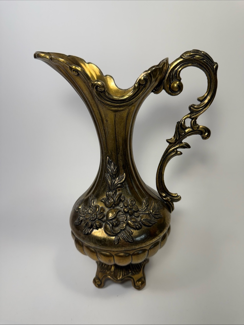 Antique Art nouveau metal Pitcher Vase Gold with embossed flower regency Italy